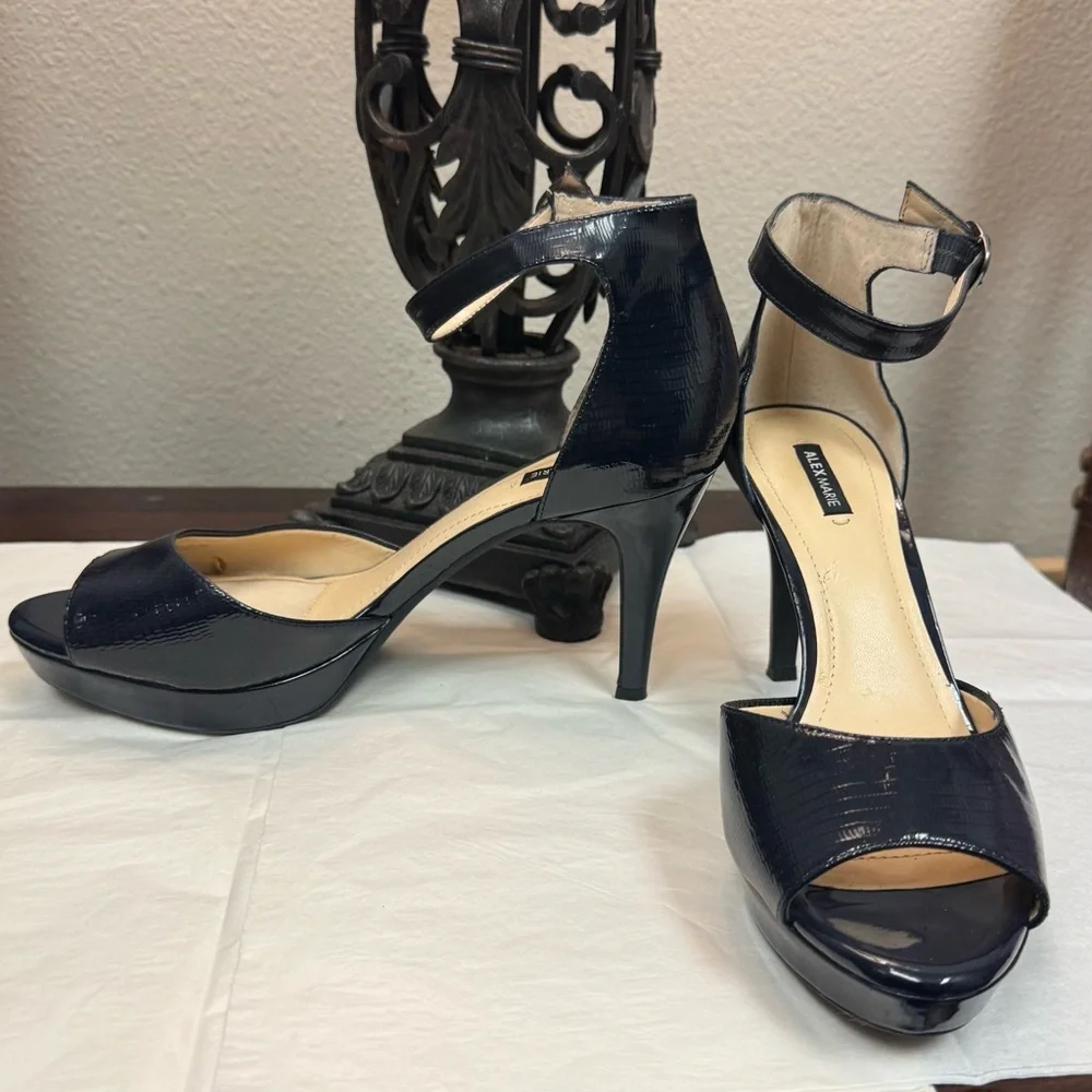 Alex Marie Navy Patent Leather Heels 9.5M | Ankle Strap Career Cocktail